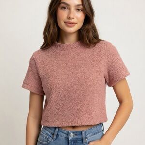 SKIMS Dusty Rose Short-Sleeve Fuzzy Crop Top